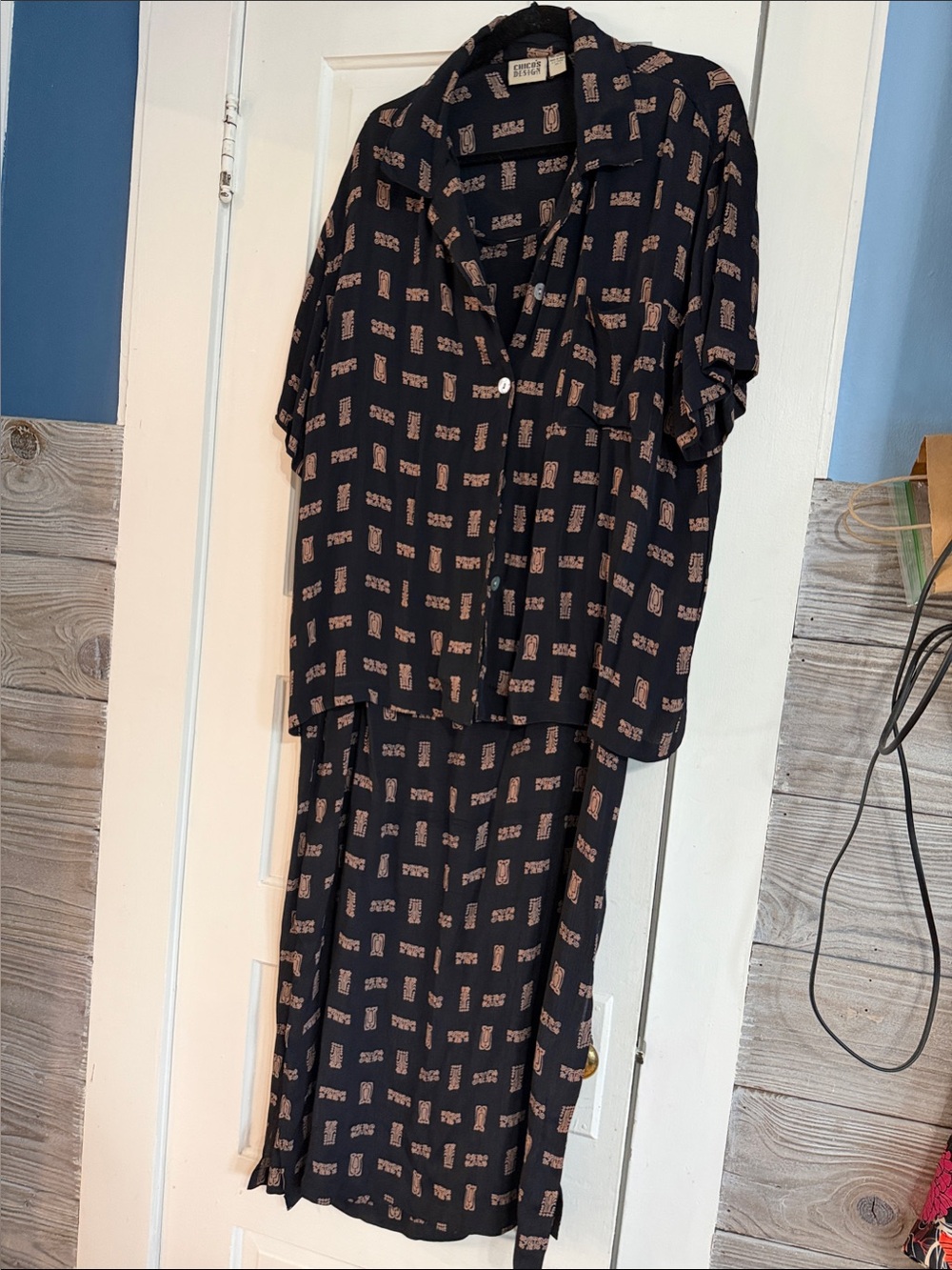 Chico's Black Maxi Dress & matching button up top with Beige Geometric Print